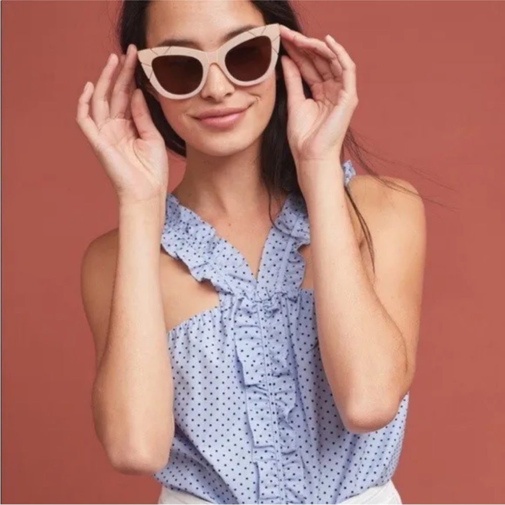 Waverly Grey Anthropologie Chambray Ruffle Pin Dot Berlin Blouse Size Me…